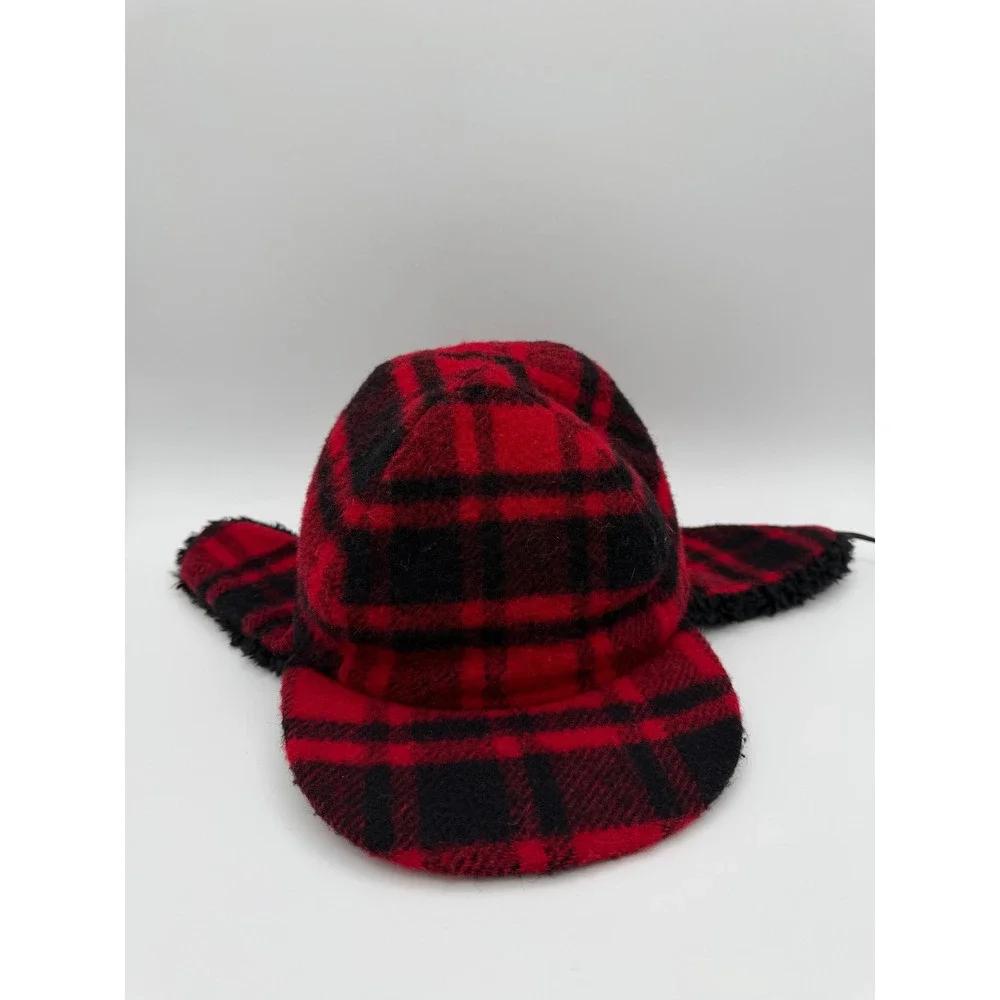 Vintage‎ Eddie Bauer Red Black Plaid Wool Trapper Hat Faux Fur Ear Flaps Large